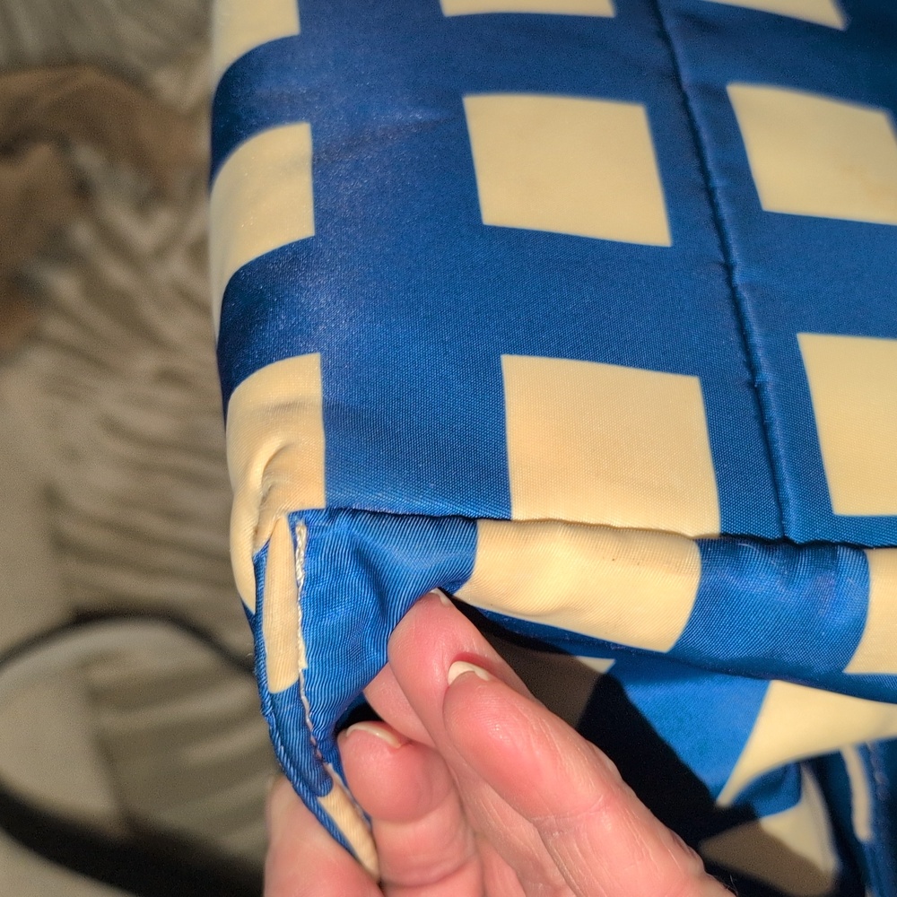 Kate Spade Blue and Cream Square Pattern Tote With Black Leather Handles - Picture 13 of 13